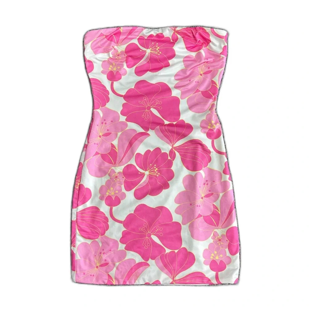 Hello Molly NWT Women's Pink White Tropical Floral Strapless Mini Dress Size XS